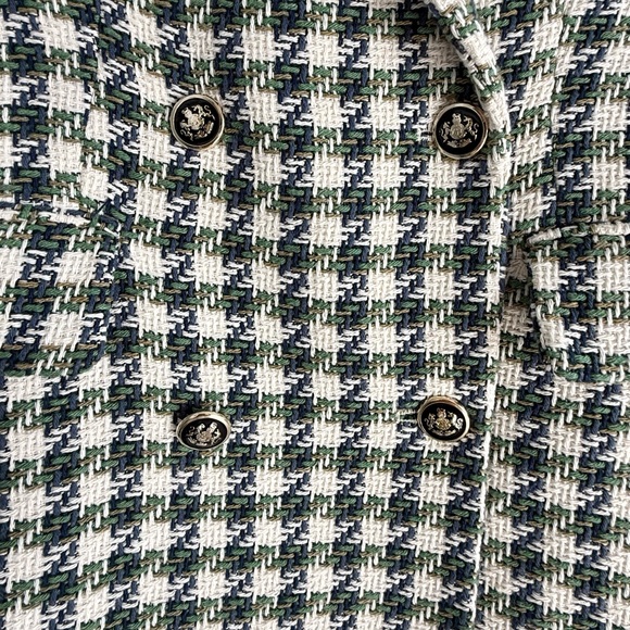 Zara Double Breasted Houndstooth Tweed Blazer Jacket Ivory Navy Green Small - Picture 11 of 14